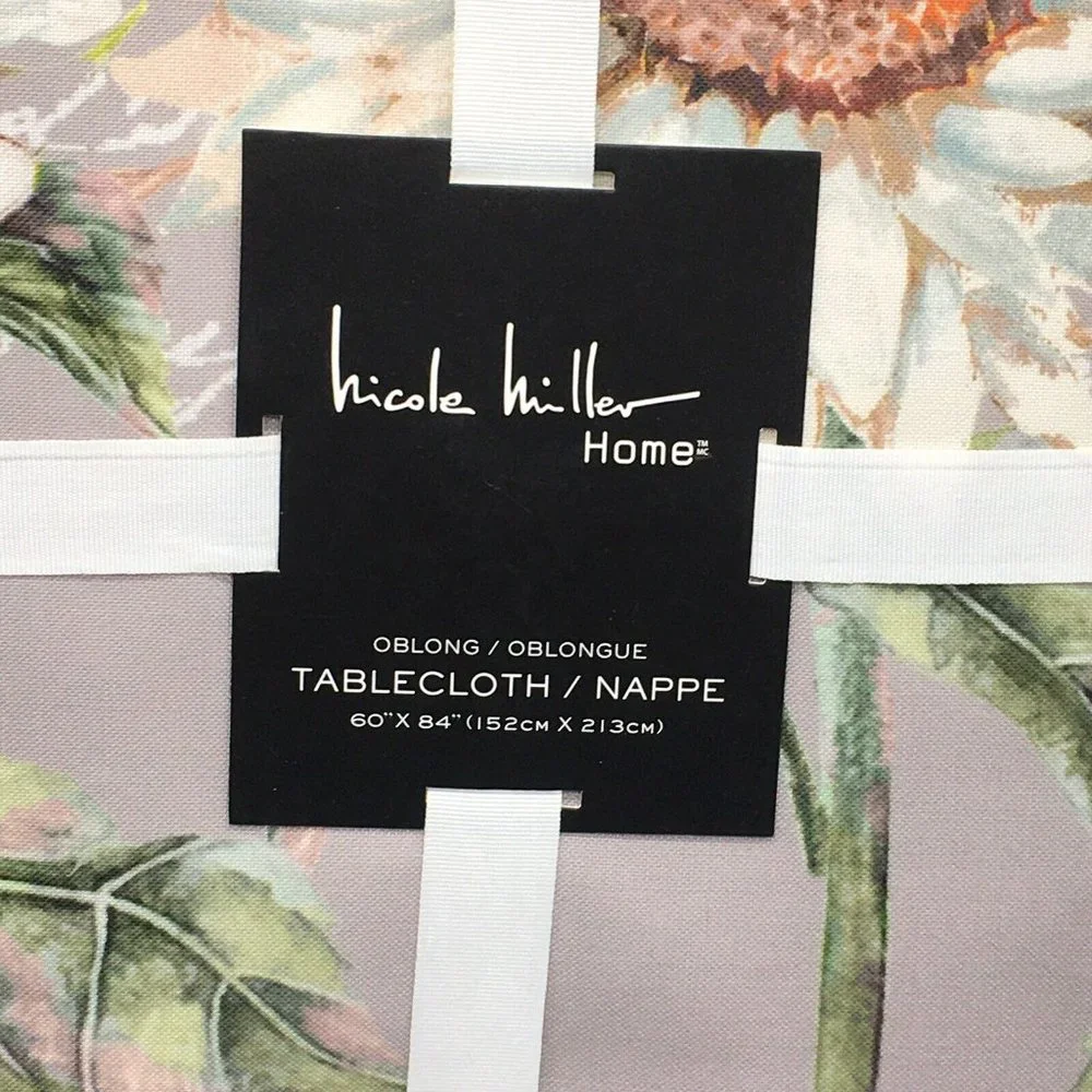 Nicole Miller Sunflower Script Fall Tablecloth 60x84 Aqua White Gray Fabric NEW